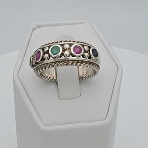 Vtg‎ PRANDA Genuine Ruby Emerald Sapphire Ring 925 Sterling Silver Thailand Sz 8